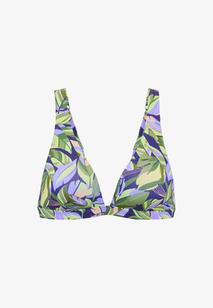 Trojuholníkový bikini top v odtieňoch fialovej, zelenej a pastelových farbách s listovým vzorom. Vyrobený z hladkej a elastickej látky s širokými ramienkami.