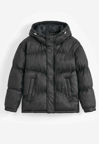 Doudoune noire avec capuche, présentant un motif chevron texturé, fermeture éclair à l'avant et deux poches latérales. Isolée pour plus de chaleur.