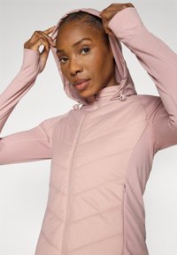 Világos rózsaszín kapucnis cipzáras dzseki, steppelt betétekkel, hosszú ujjakkal és hüvelykujjlyukakkal. Sima felületű és testhezálló kialakítású.