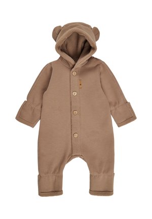 Brown cotton one-piece suit with a bear-eared hood, front buttons, and soft fleece lining. Cuffed sleeves and ankles for warmth.