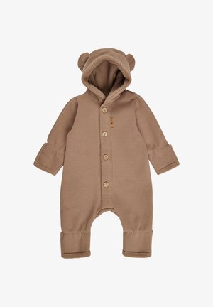 Brown cotton one-piece suit with a bear-eared hood, front buttons, and soft fleece lining. Cuffed sleeves and ankles for warmth.