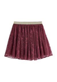 Gonna in pizzo borgogna con un design plissettato e un elastico scintillante in vita. Motivo floreale intrecciato con cura nel tessuto.
