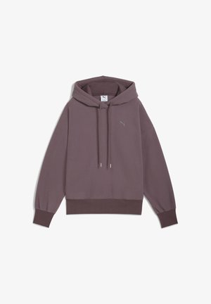 Pullover hoodie in mauve met ribbeltextuur, trekkoorden en een logo op de borst. Het heeft een verkorte pasvorm en brede mouwen.