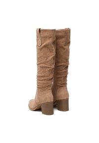 Hnedé, slouchy čižmy po kolená vyrobené z semišu, s blokovým opätkom a zadným zipsom pre jednoduché obúvanie. Textúrovaná látka pridáva hĺbku.