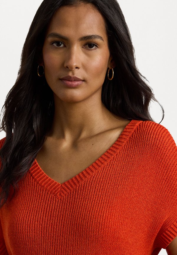 RIB KNIT SHORT SLEEVE V NECK SWEATER - Basic T-shirt - orange3