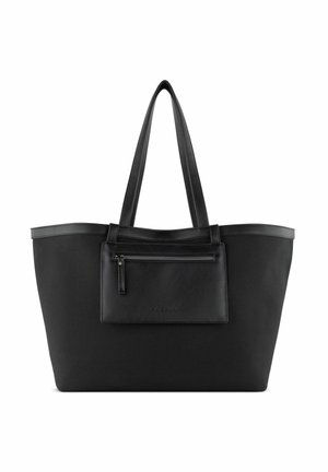 Grande borsa a tracolla nera in materiale sintetico, dal texture liscia, con doppio manico e una tasca con zip anteriore. Design semplice e pulito, senza motivi.