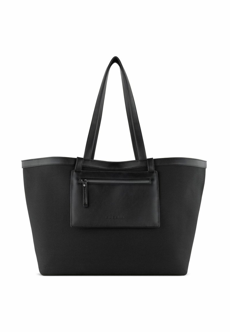 Grand sac fourre-tout noir en matériau synthétique, texture lisse, double poignées et une poche zippée à l'avant. Design simple et épuré sans motifs.