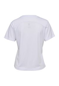 Weißes athletisches T-Shirt mit kurzen Ärmeln, von hinten gezeigt, mit einem kleinen Logo zentriert unter dem Halsausschnitt.