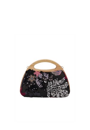 Bolso negro y multicolor con lentejuelas que presenta patrones florales, asa de madera, forma semicircular y superficie de tela texturizada.