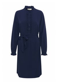 Abito blu navy con colletto alto, placca arricciata e chiusure a bottoni. Presenta maniche lunghe e una cintura annodabile in vita.