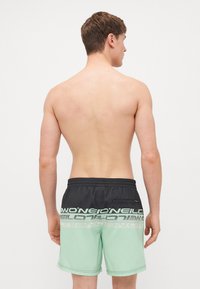 Shorts de bain pour hommes avec un schéma de couleurs noir et vert menthe, présentant un imprimé de logo et une taille élastique. Fabriqués en tissu léger.