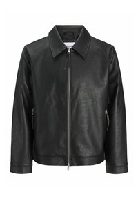 Black leather jacket with a collar, zip front, and side pockets. Features a textured finish and streamlined design.