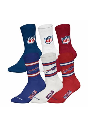 Sechs Sportsocken in Blau, Weiß und Rot mit den Logos der NFL und Buffalo Bills, in zwei Reihen auf weißem Hintergrund angeordnet.