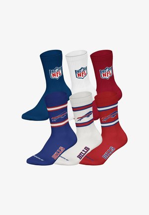 Sechs Sportsocken in Blau, Weiß und Rot mit den Logos der NFL und Buffalo Bills, in zwei Reihen auf weißem Hintergrund angeordnet.