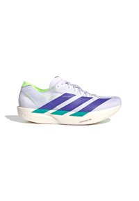 Chaussure de course blanche avec des bandes violettes, des accents verts et une semelle rembourrée portant la mention "LIGHTSTRIKE PRO", vue de côté sur un fond blanc.