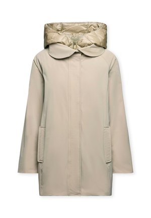 Cappotto beige di lunghezza media con cappuccio imbottito, zip frontale nascosta, colletto arrotondato e due tasche laterali.