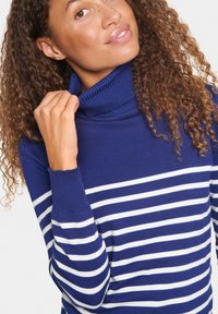 Pull bleu à col roulé avec des rayures horizontales blanches, texture côtelée et coupe ajustée. Le modèle ajuste le col.