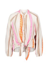 Lightweight, tie-front blouse in cream, featuring vertical stripes in pink, orange, and brown. Long sleeves and button-down design with gathered shoulders.