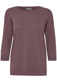 Mauve kötött pulóver kerek nyakkal, háromnegyedes ujjal és bordás mandzsettával. Középen varrott és laza szabású.