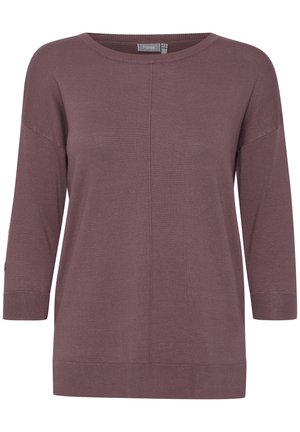 Mauve sweter dzianinowy z okrągłym dekoltem, rękawami o długości trzech czwartych i prążkowanymi mankietami. Posiada środkowy szew i luźny krój.