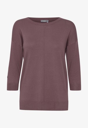 Mauve pletena pulover s okroglim izrezom, rokavi do tri četrtine in rebrastimi manšeti. Ima osrednji šiv in sproščen kroj.