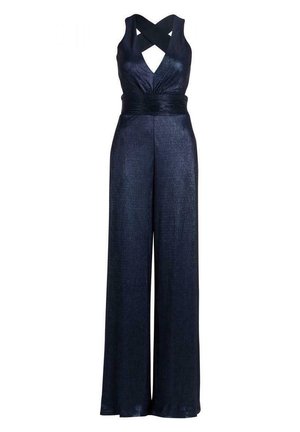Combinaison sans manches bleu marine avec jambes larges, taille ajustée et détails croisés au niveau de l'encolure sur fond blanc.