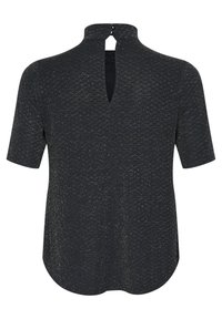 Top negru cu mânecă scurtă, având un model texturat subtil, cu o deschidere la spate în formă de cheie, asigurată de două butoane. Design cu tiv curbat.