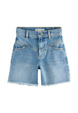 Pantalones cortos de mezclilla azul claro con cintura alta, dobladillo deshilachado y un diseño de cinco bolsillos. Presentan un cierre frontal con botón y costuras visibles.