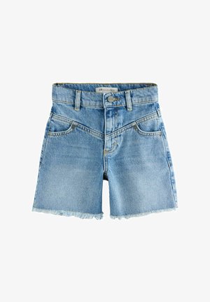 Pantalones cortos de mezclilla azul claro con cintura alta, dobladillo deshilachado y un diseño de cinco bolsillos. Presentan un cierre frontal con botón y costuras visibles.