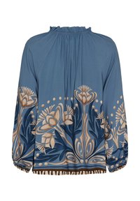 Blå mønstret bluse med blomsterdesign i lys beige og mørkeblå. Flæset halsudskæring, lange ærmer og elastiske manchetter.