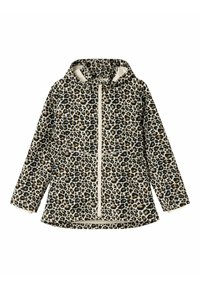 Veste en imprimé léopard dans des tons beige, noir et marron, dotée d'une capuche, d'une fermeture éclair à l'avant et de manches longues. Fabriquée dans un tissu léger et texturé.