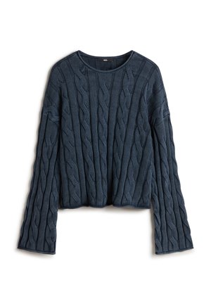 Navy blue cable-knit sweater with a cropped design, wide sleeves, and ribbed neckline. Features textured pattern throughout the fabric.
