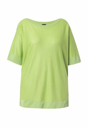 Světlounce zelený krátký pletený top s lodním výstřihem a širšími lemy na rukávech a spodním okraji.