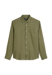 Olive green button-up shirt with long sleeves, chest pocket, and a textured fabric. Features a traditional collar and front button closure.