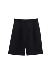 Shorts noirs sur mesure longueur genou avec passants de ceinture et plis sur le devant, présentés sur fond blanc.