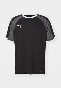 Black athletic t-shirt with gray mesh accents and white neckline. Features a small white logo on the front. Made from moisture-wicking fabric.