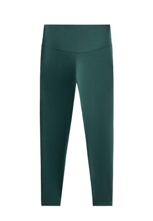 Mørkegrønne leggings med en bred, flad linning. Fremstillet af glat, elastisk stof. Tætsiddende design uden synlige mønstre eller detaljer.