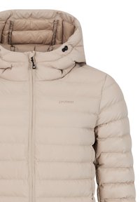 Beige quilted puffer jacket with hood, front zipper, adjustable drawstring on the hood, and "protest" logo on chest.