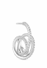 Sömmar av silvermetall med en sammanflätad, snurrande design och inbäddade klara kristaller längs en kant. Slät, polerad yta.