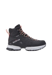 Black waterproof high-top hiking boot with textured synthetic upper, lace-up front, rubber outsole, and contrasting reflective accents.