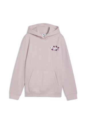 Hellvioletter Kapuzensweatshirt mit Kängurutasche und kleinem floralem Puma-Logo auf der linken Brust.