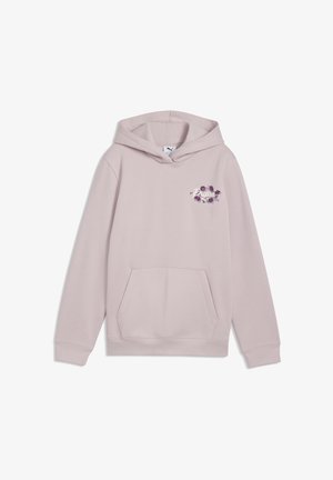 Sweat à capuche violet clair avec poche kangourou et petit logo floral Puma sur la poitrine gauche.
