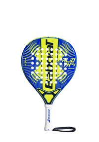 Babolat padelracket med et blåt og gult design, der har et perforeret hoved, tekstureret greb og en forstærket nakke.