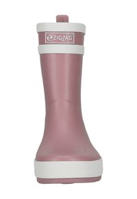 Vaaleanpunaiset kumiset sadetakki saappaat, joissa on valkoisia yksityiskohtia, pyöreä kärki ja logo edessä. Varustettu vetotarralla, joka helpottaa pukemista. Sileä pinta.