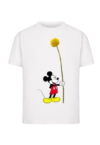 White cotton t-shirt adorned with a cartoon mouse holding a tall yellow flower, featuring bright red shorts and yellow shoes, black accents.