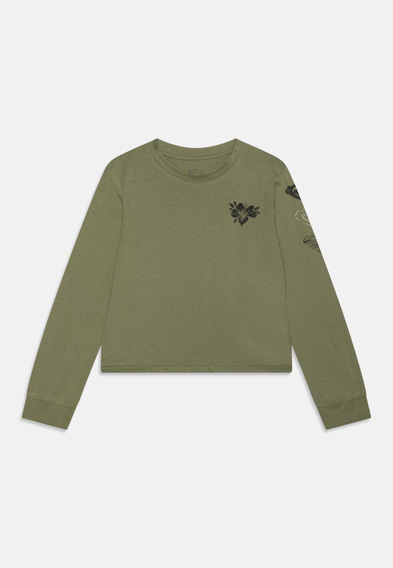 Oliwkowa, długirekawowa crop top z miękkiego materiału, z czarnymi kwiatowymi wzorami na piersi i rękawach; klasyczny okrągły dekolt oraz prążkowane mankiety.