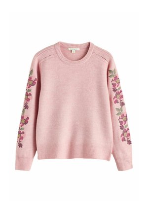Pink knit sweater with floral embroidery running down both sleeves and ribbed cuffs and hem.