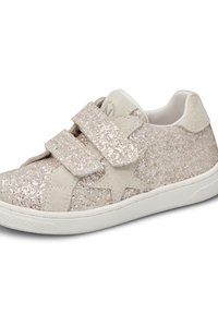 Barns glittriga beige sneakers med två kardborreband och en stjärndetalj på sidan, vit sula och vadderad krage.