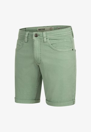 Zöld farmernadrág rövidnadrág, felgöngyölt szegéllyel, öt zsebbel és fém gombzárral. Sima textúra finom varrási részletekkel.