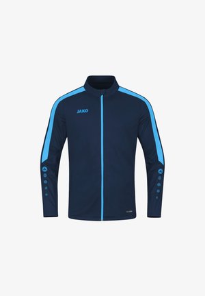 Sportjacke der Marine mit langen Ärmeln, hellblauen Akzenten und Streifen, Logo auf der Brust und knopfartigen Details an den Ärmeln. Reißverschluss vorne.